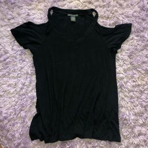 Navy cold shoulder v-neck shirt with ruffle sleeve